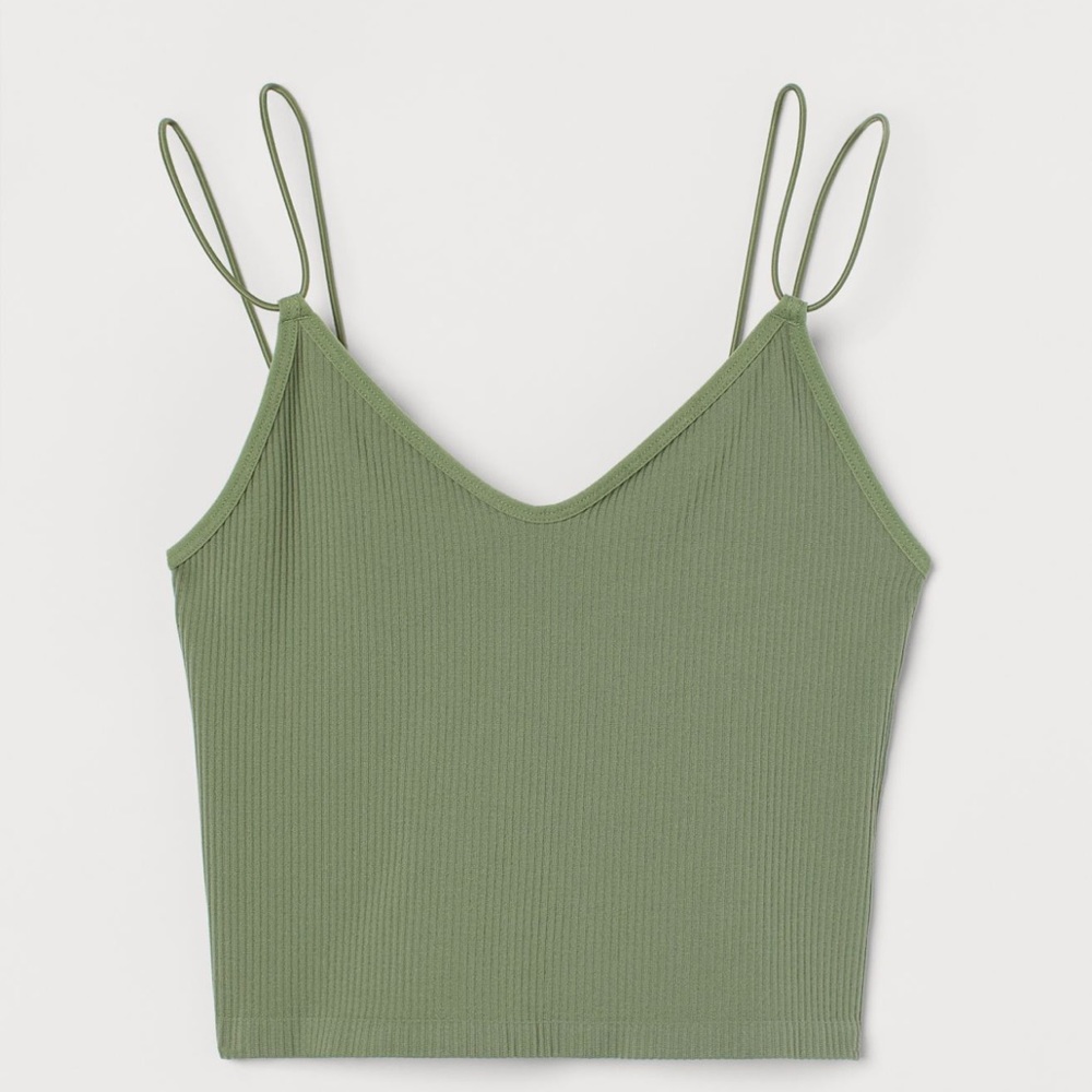Womens khaki green perfect crop top with spaghetti strap and ribbed size S
